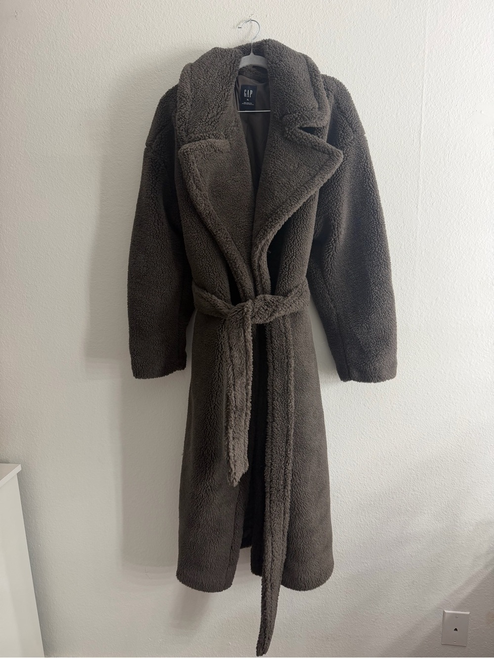 GAP Women's Charcoal Grey Teddy Sherpa Jacket Belted Long Winter Coat Size XL - Picture 2 of 5